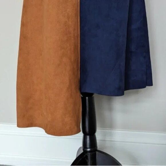 Suede asymmetrical colourblock camel/blue midi a-line skirt - Picture 3 of 7